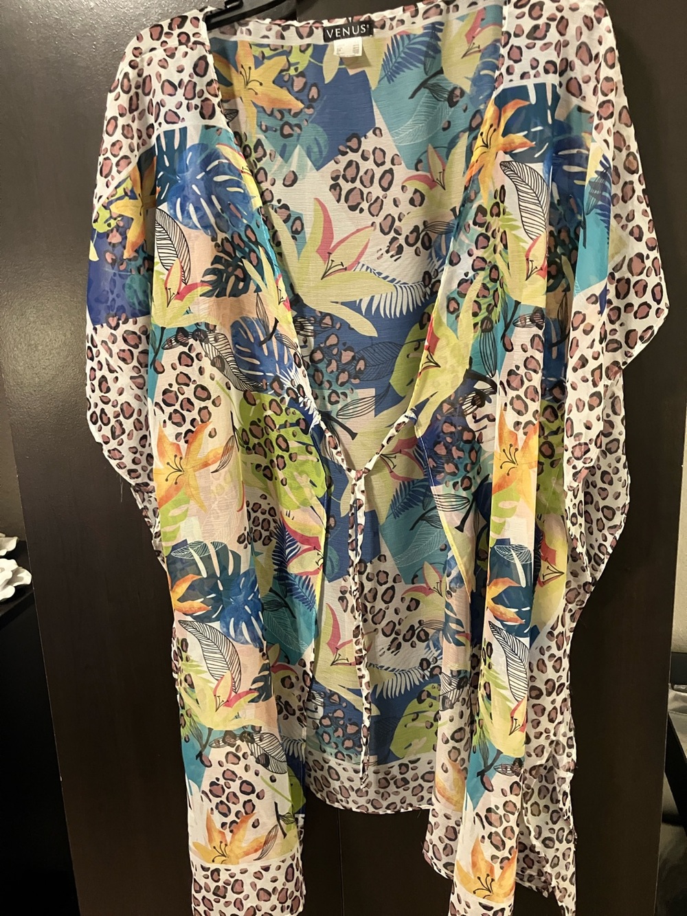 VENUS Tropical Multicolor Leaf & Leopard Print Kimono Cover Up